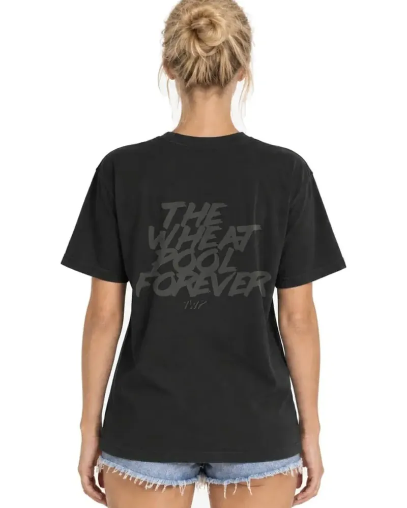 Black The Wheat Pool Forever t-shirt, back view with faded full-back print on Comfort Colors brand