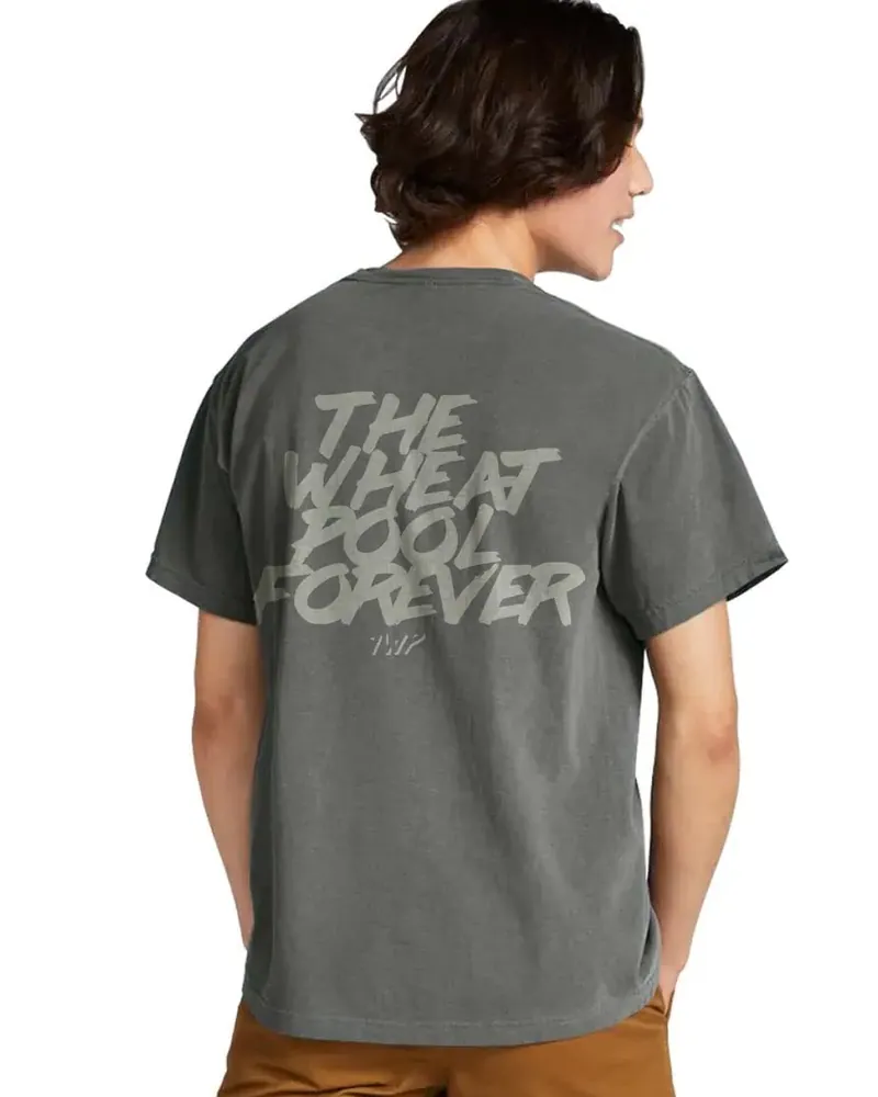Pepper grey The Wheat Pool Forever t-shirt, back view with faded full-back print on Comfort Colors brand